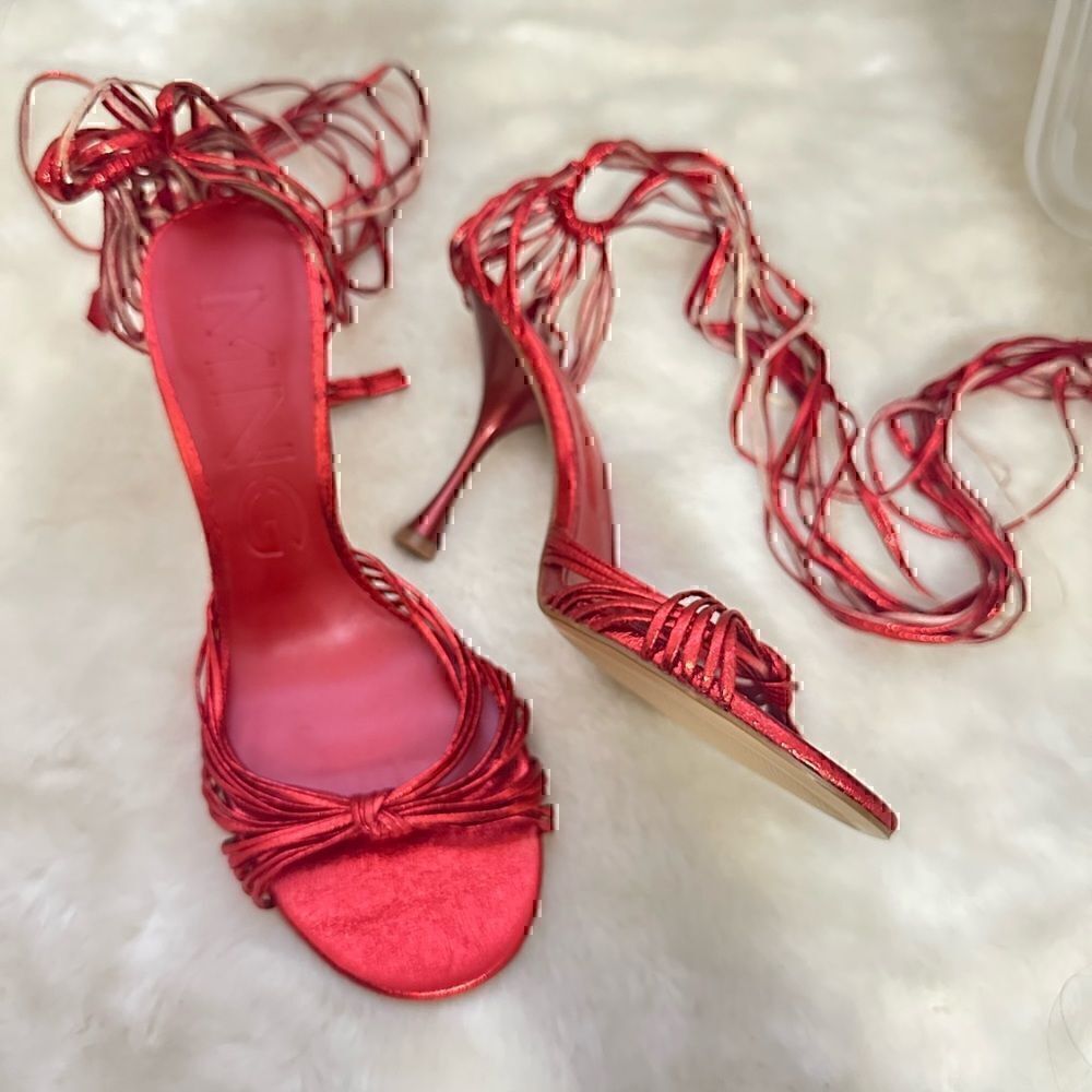 MANGO - Metallic Red Strappy Heeled Sandals